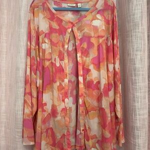 LOGO by Lori Goldstein Pink and Orange Mesh Watercolor Button-Front Top